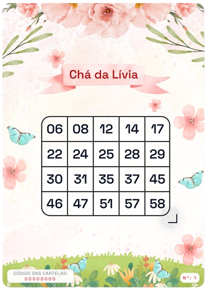 Cartela de bingo personalizada Chá da Lívia